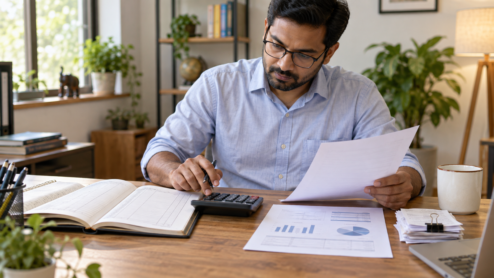 Accountant comparing source documents and a fictional financial statement