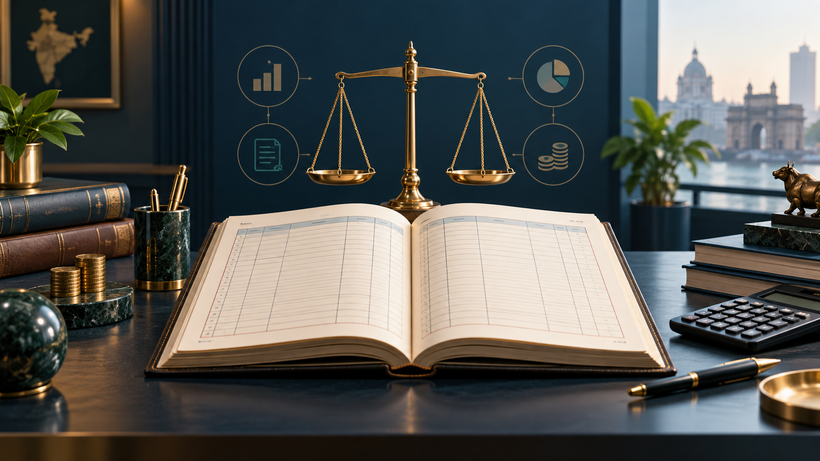 Editorial illustration of accounting principles represented by a balanced ledger and review controls