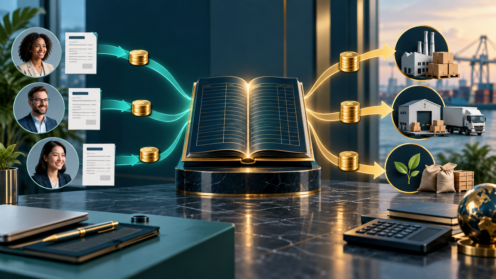 Editorial illustration comparing customer receivables and supplier payables through a finance ledger
