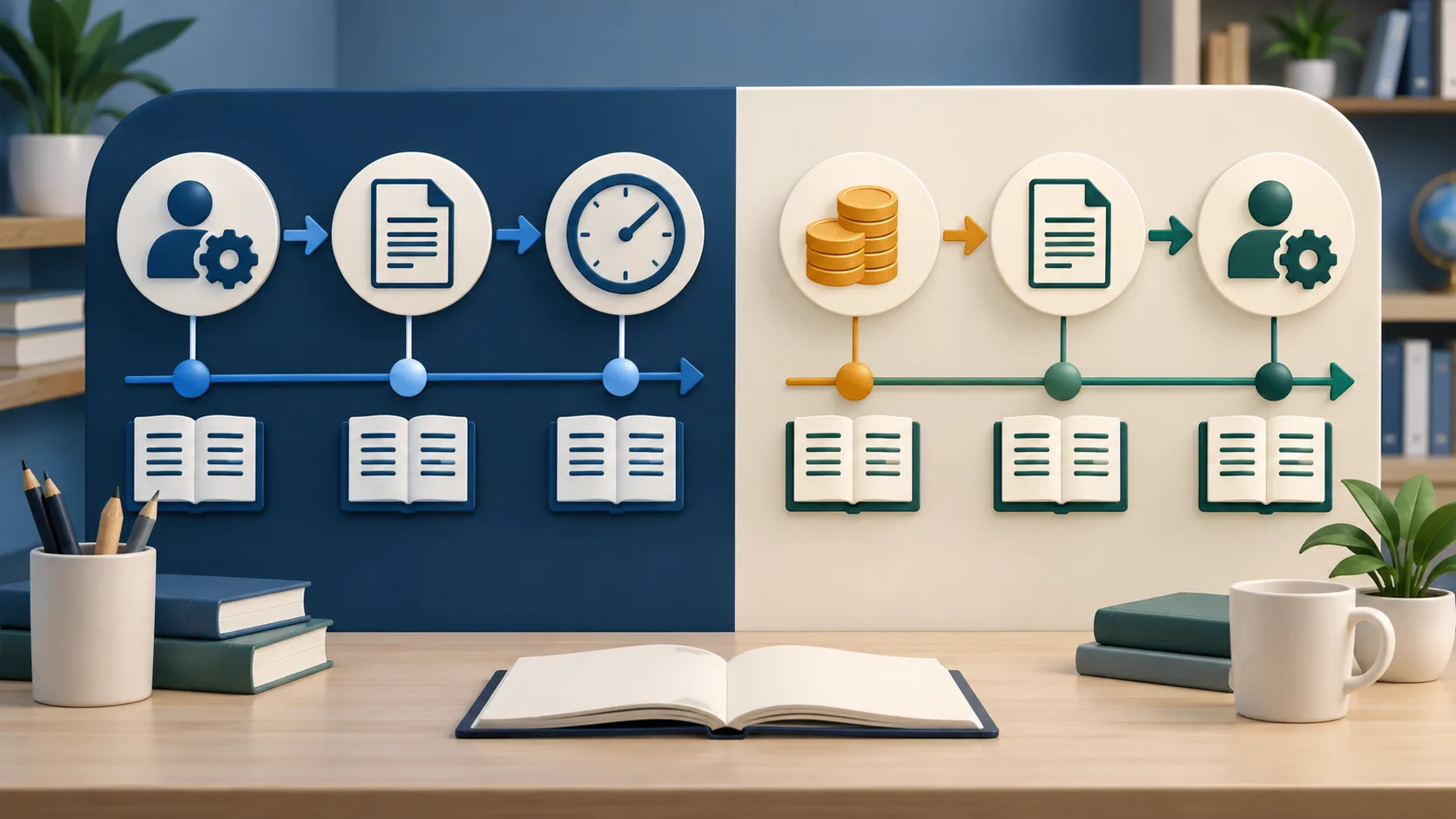 Editorial illustration comparing accrual and deferral accounting timelines with a clock and ledger