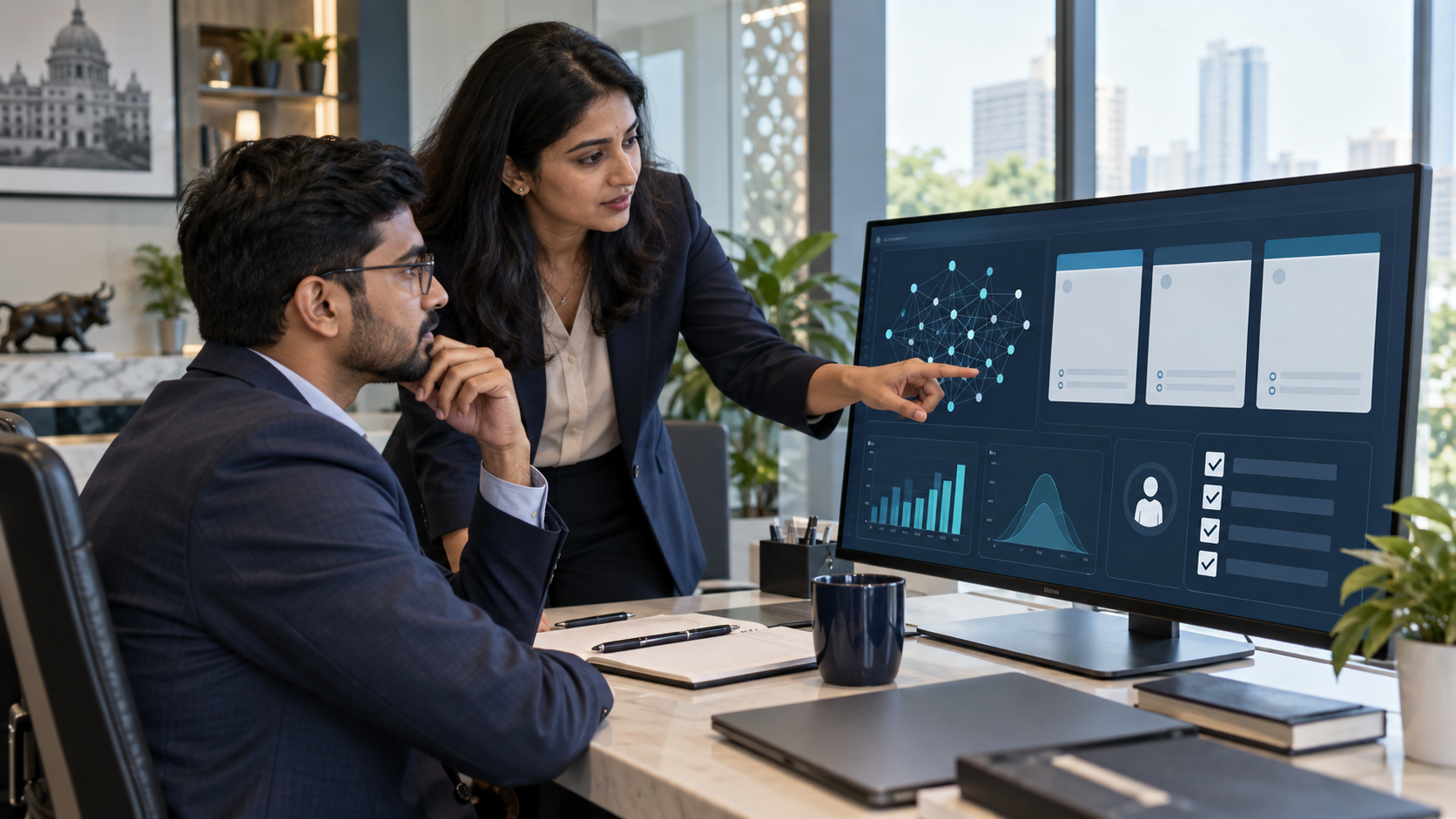 Banking professionals reviewing an abstract AI model dashboard with human oversight