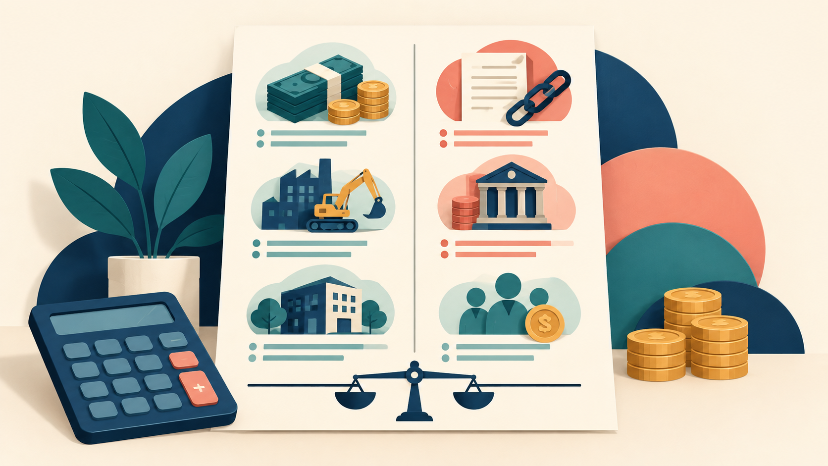 Illustration of a balance sheet grouping cash, equipment, obligations and owner equity around a balance scale.