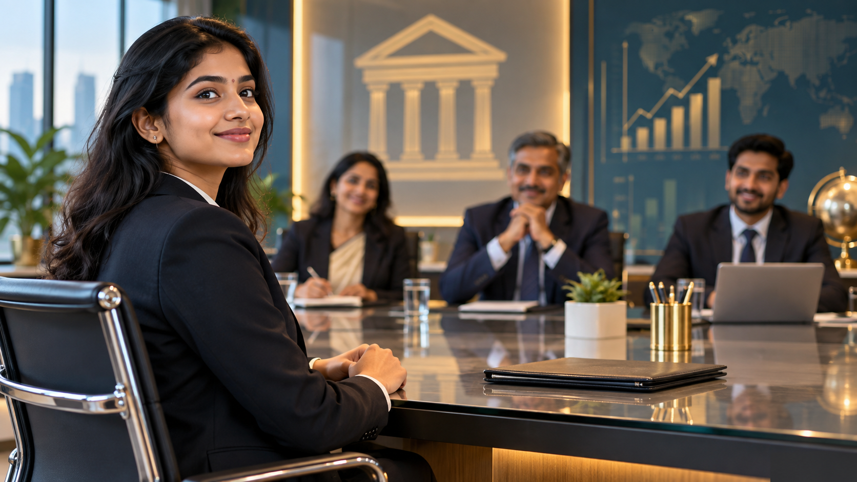 Editorial illustration of a graduate preparing for a banking interview in a modern branch