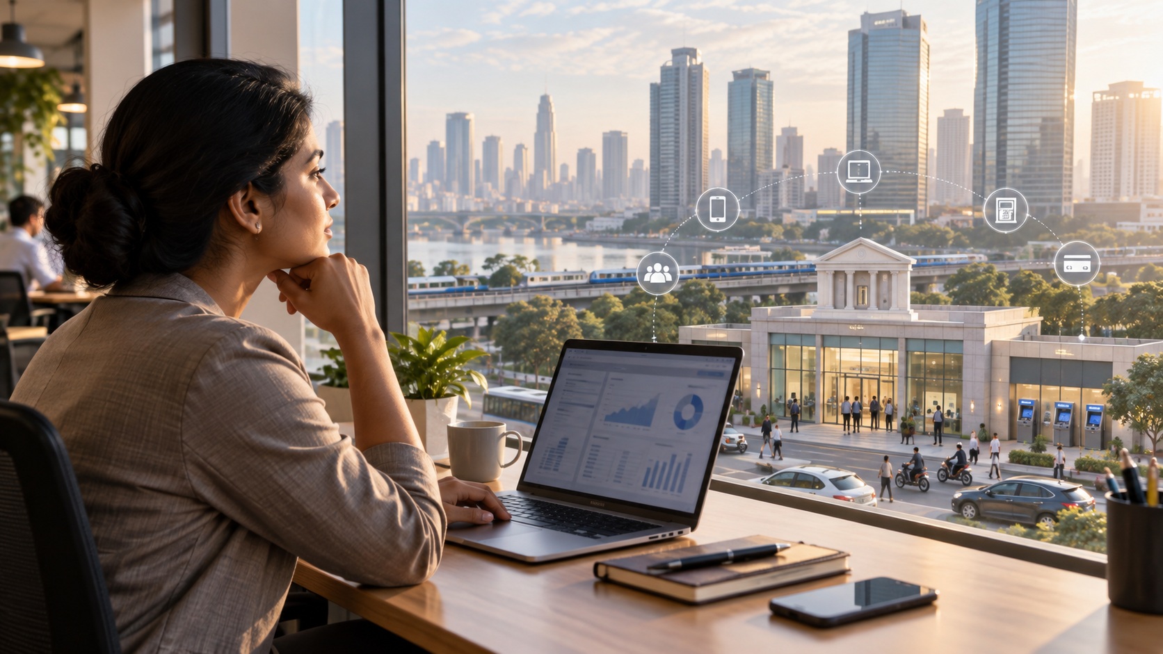 Indian banking operations analyst reviewing sector workflows from a city office