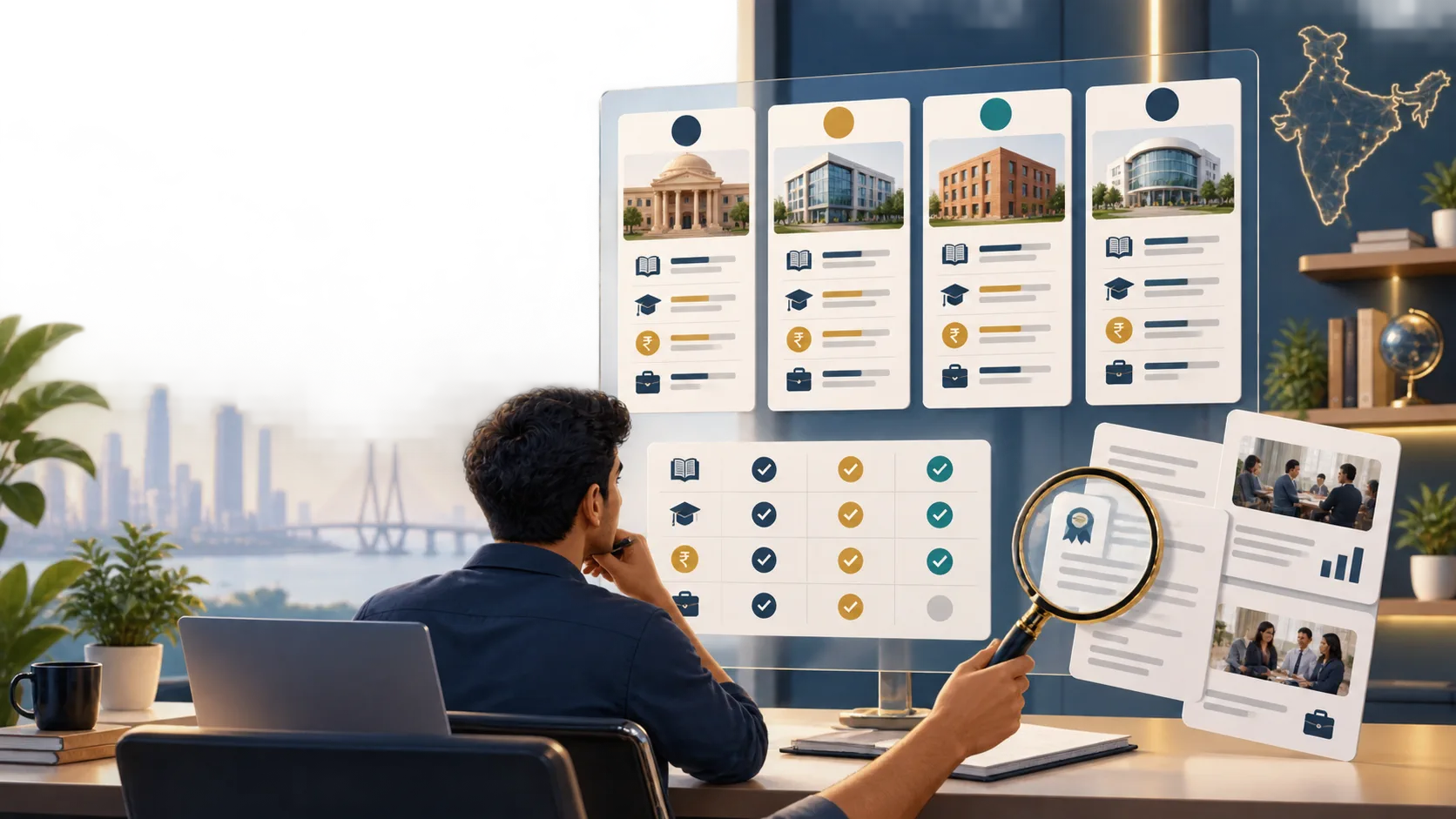 Learner comparing finance institutes in India using curriculum, fees and placement evidence