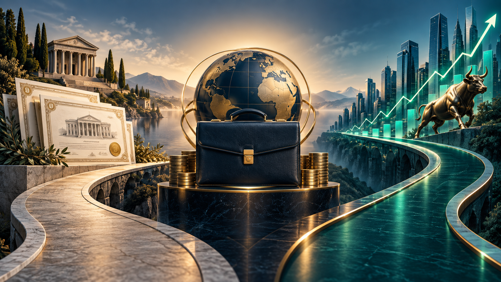 Editorial illustration comparing bond certificates and equity market participation