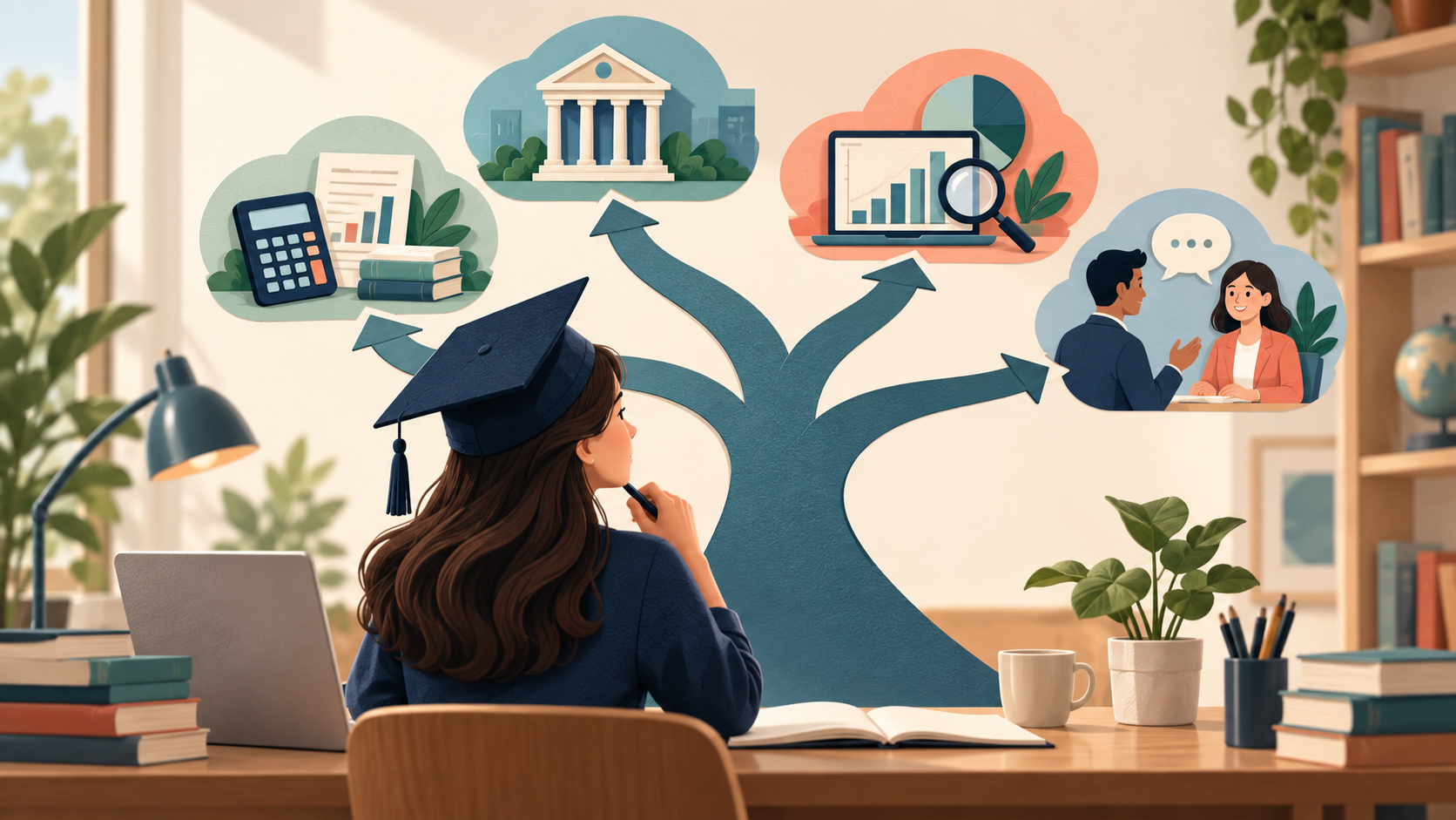 Illustration of a commerce graduate exploring accounting, banking, finance analysis and client-service career paths.