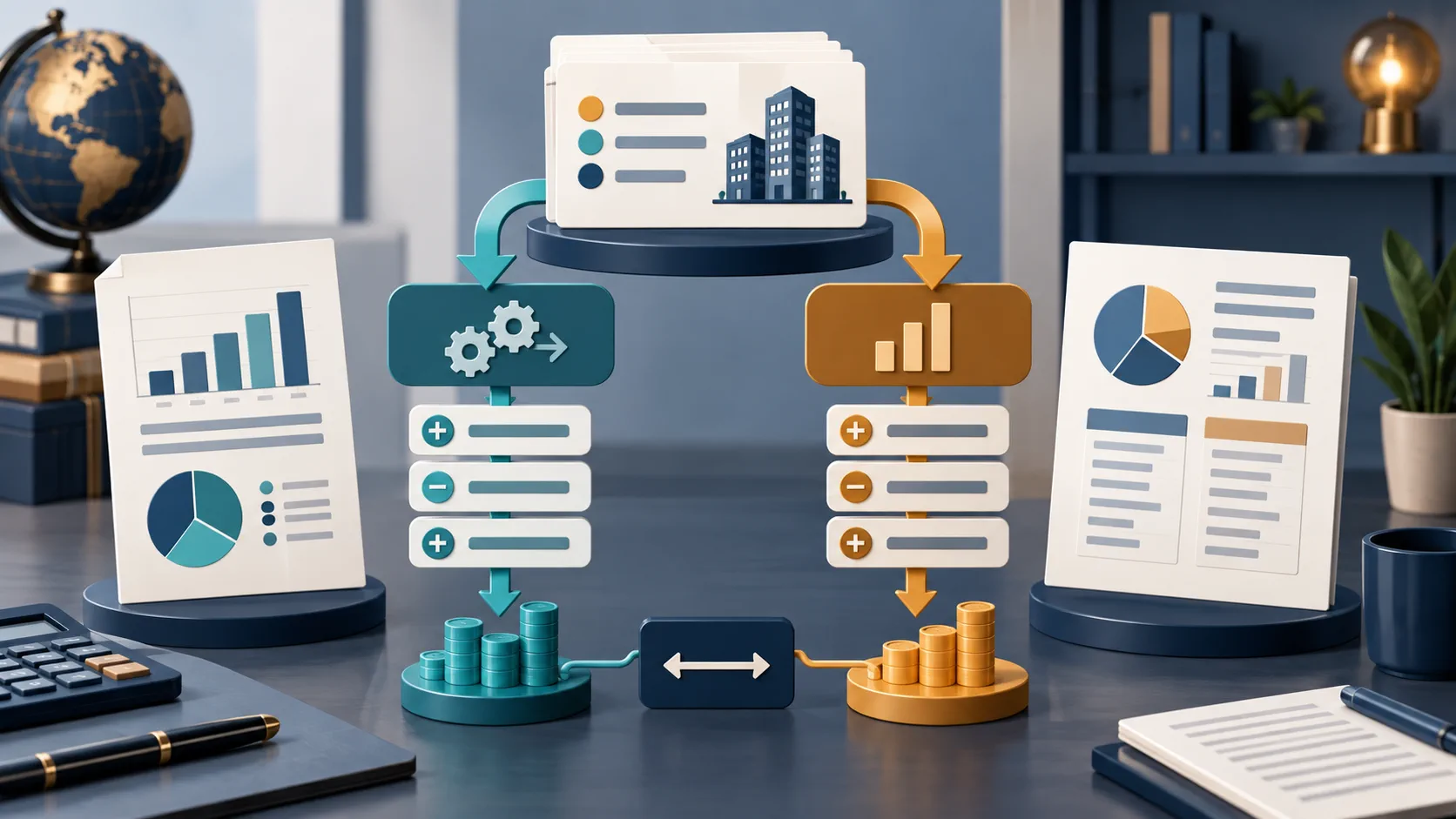 Editorial illustration showing direct and indirect cash flow statement methods branching from shared transactions
