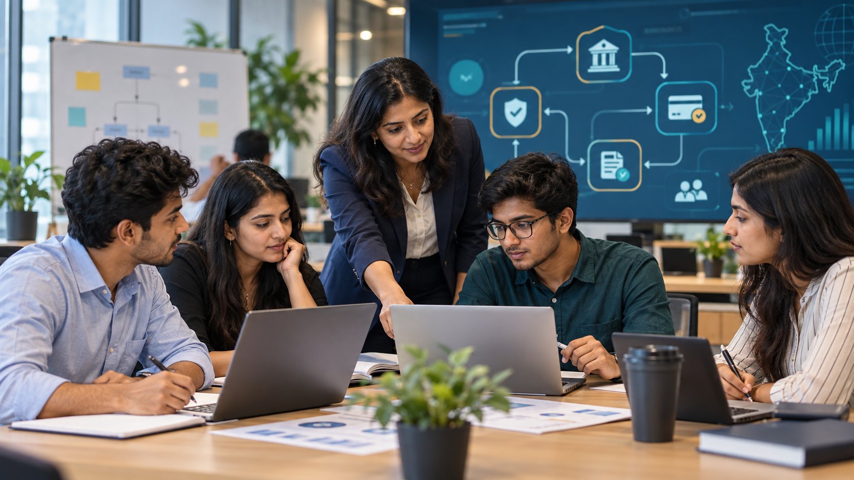 Graduates learning banking and finance operations with a mentor