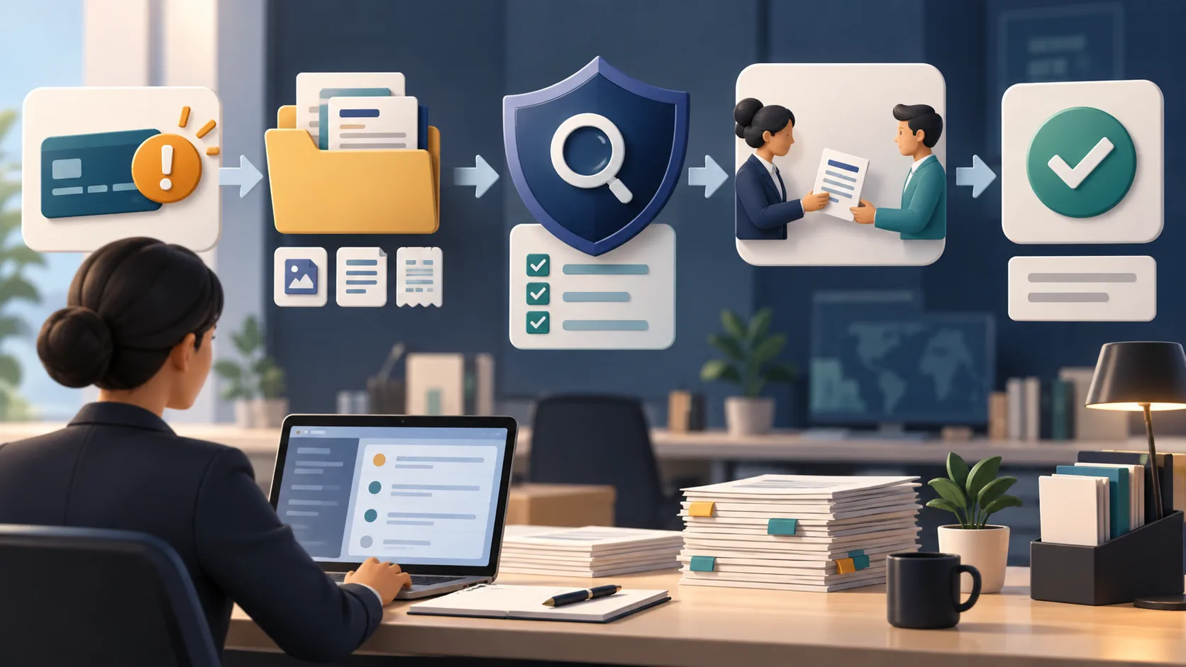 Editorial illustration of a chargeback review workflow with dispute evidence, review shield and resolution handoff