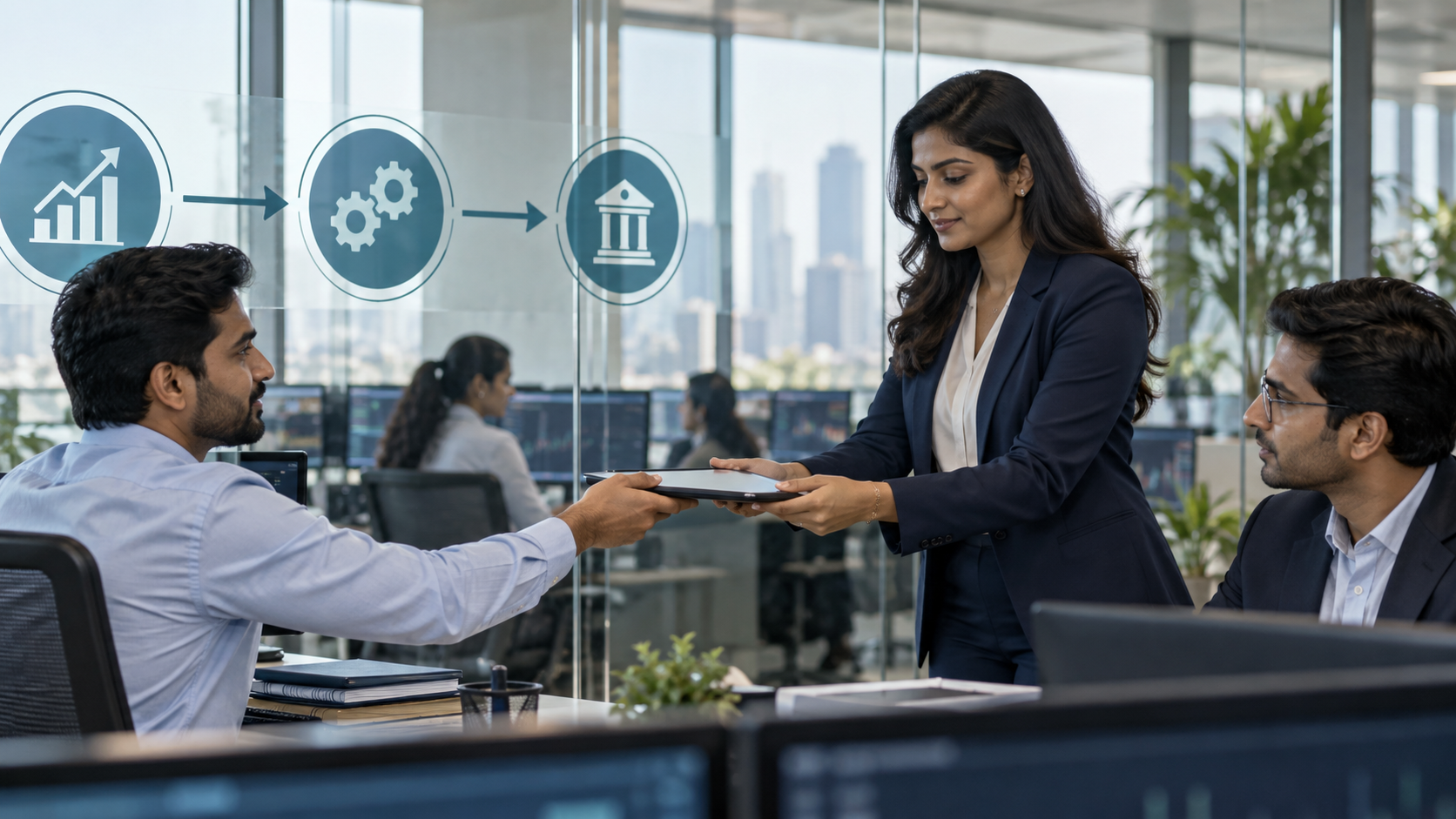 Market operations colleagues reviewing the handoff from securities trade to clearing and settlement