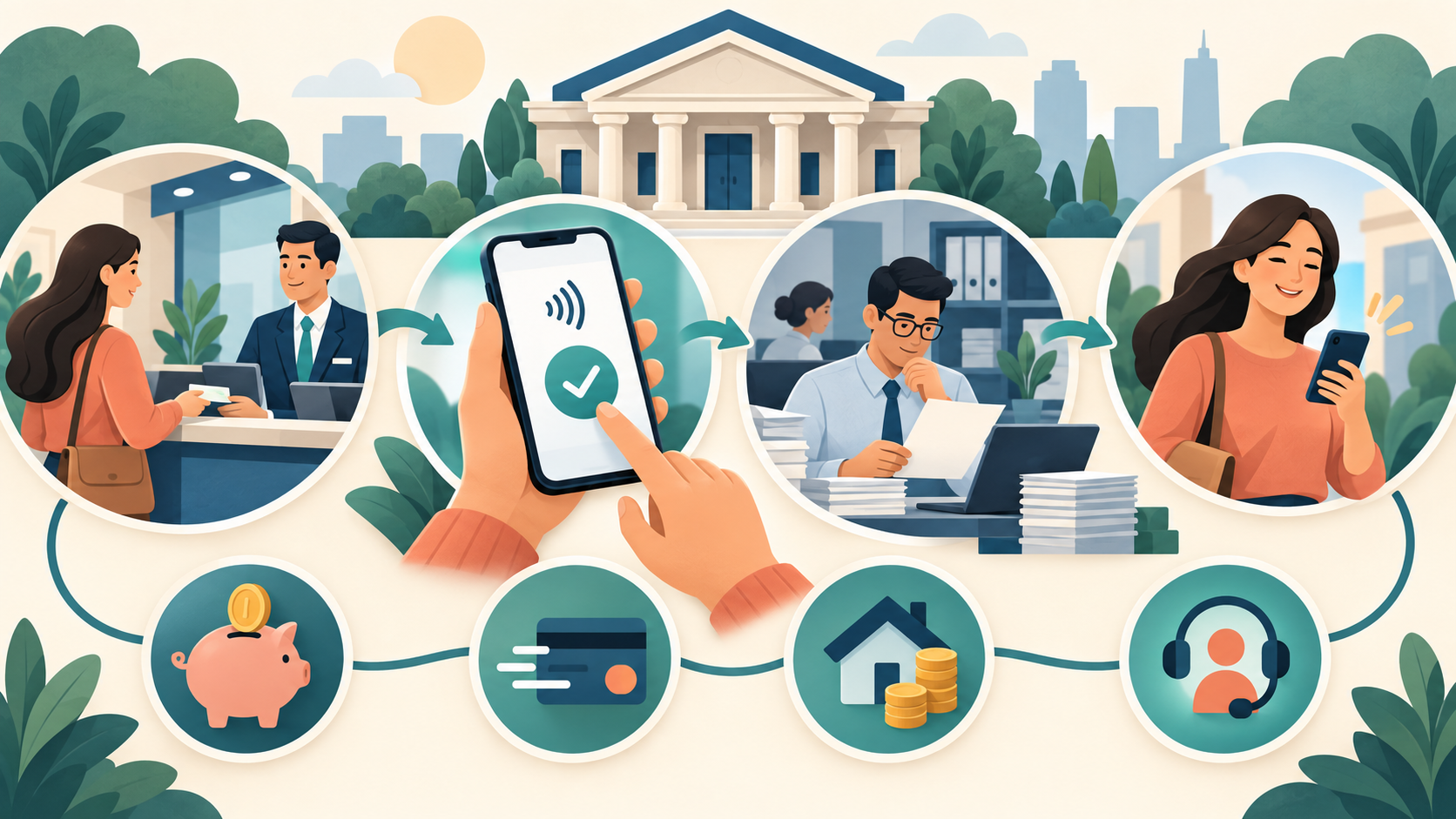 Illustration of commercial banking services including branch support, digital payments, deposits and account help.