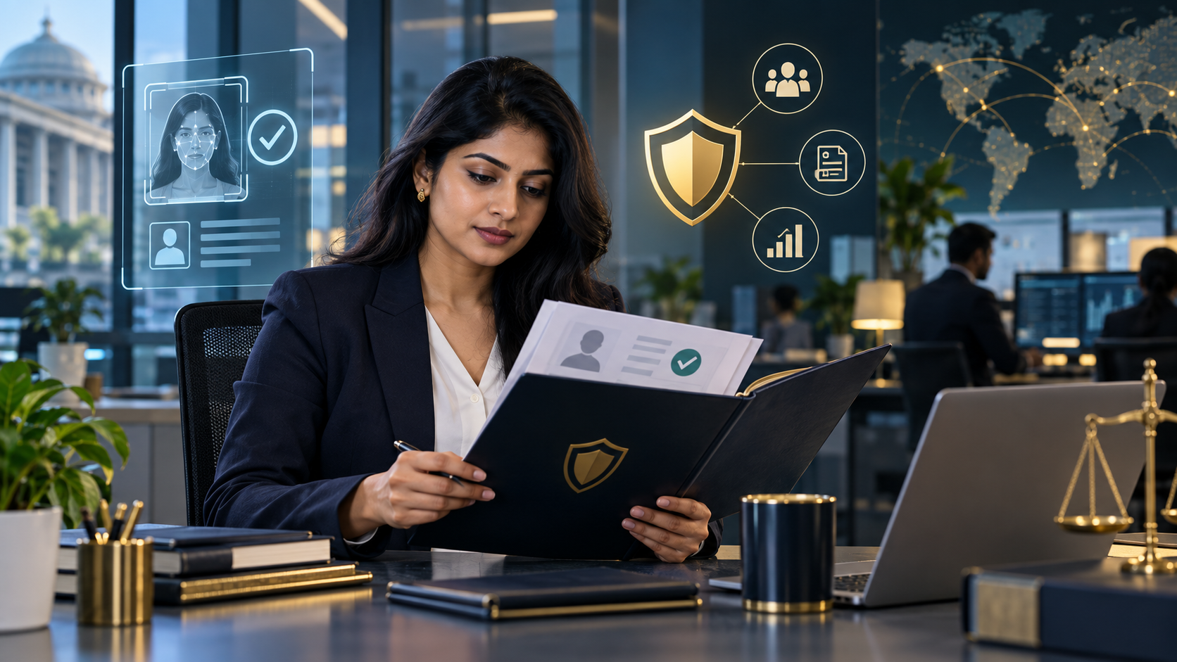 Editorial illustration of a compliance analyst reviewing identity and risk controls