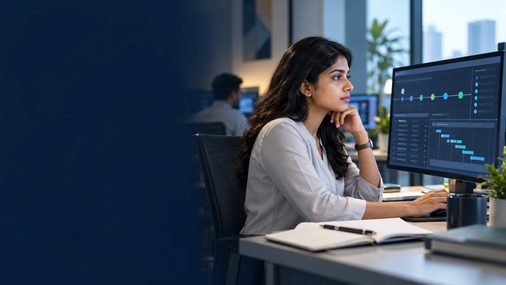 Corporate actions analyst reviewing an event timeline and securities operations dashboard
