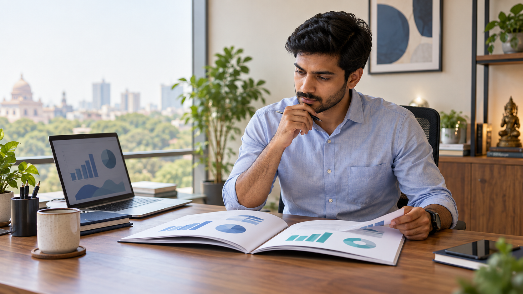 Indian finance professional comparing fictional accounting reports and cost charts at a desk