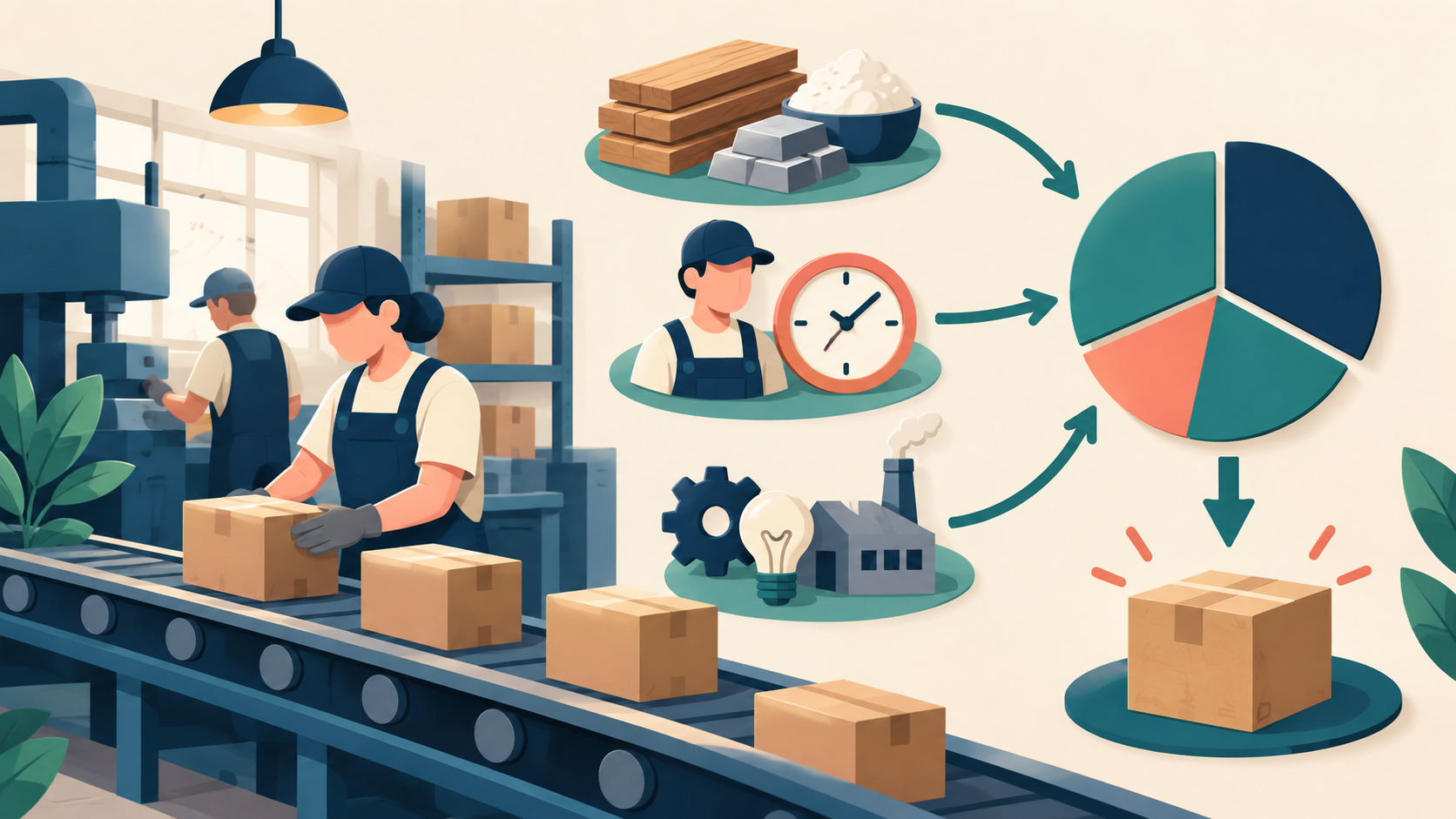 Illustration of a production workshop with materials, labour, overhead and unit-cost calculation concepts.