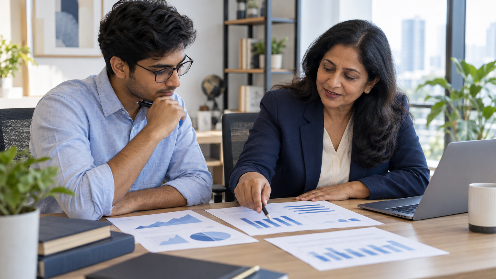 Junior analyst learning to compare fictional company statements with an experienced reviewer