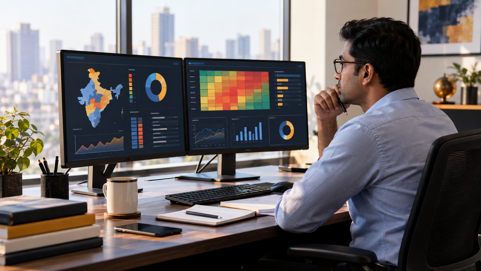 Banking credit-risk analyst reviewing an abstract fictional portfolio dashboard