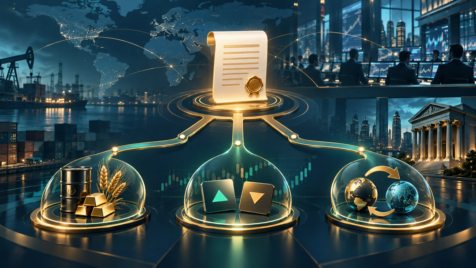 Editorial illustration of derivative contracts branching into connected market operations workflows