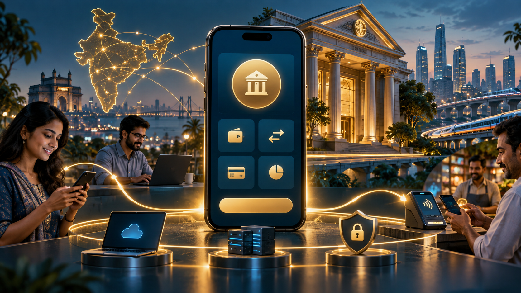 Editorial illustration of digital banking services connected to payment and control operations