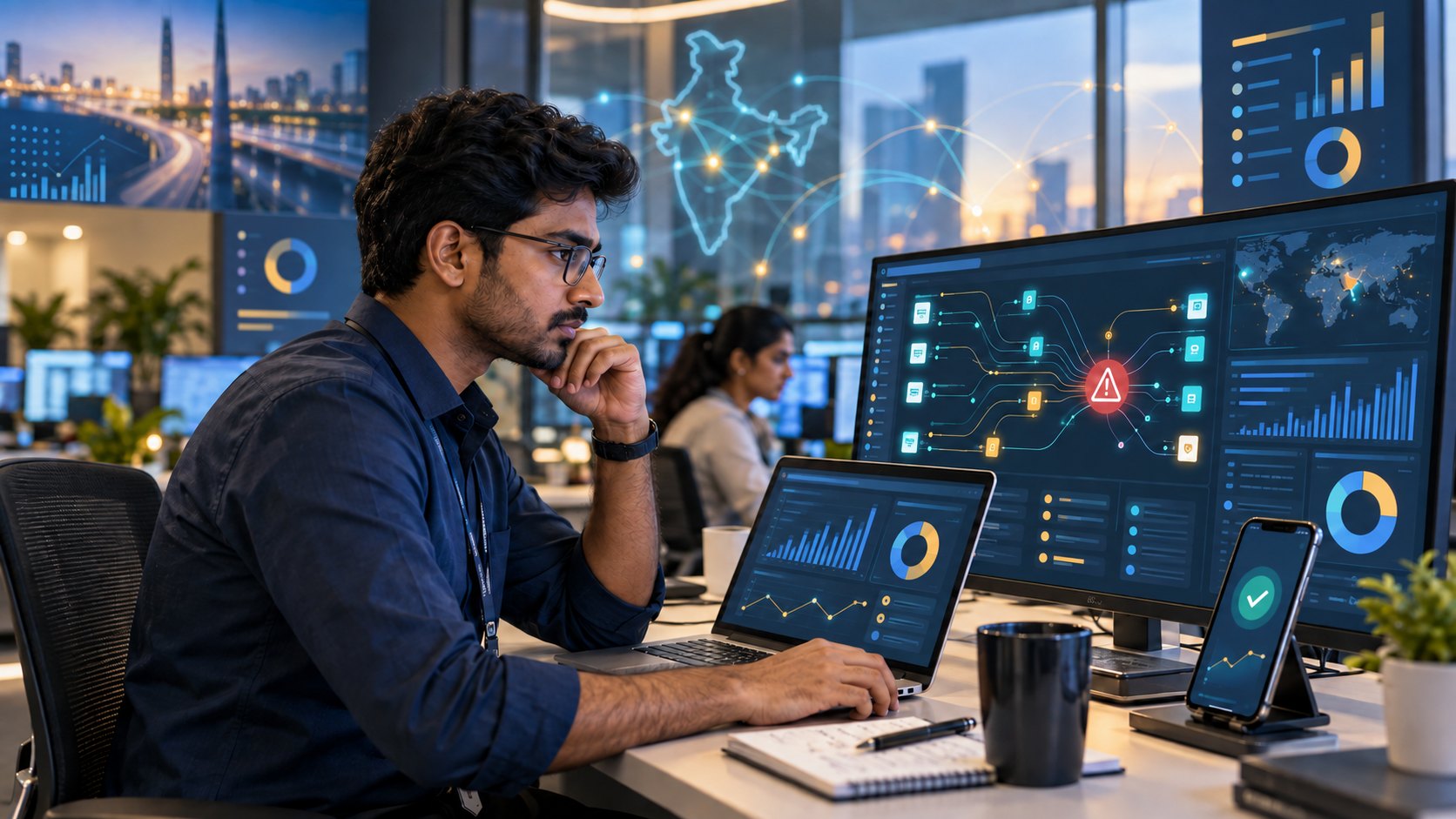 Indian digital payments operations analyst reviewing transaction flows and exception dashboards