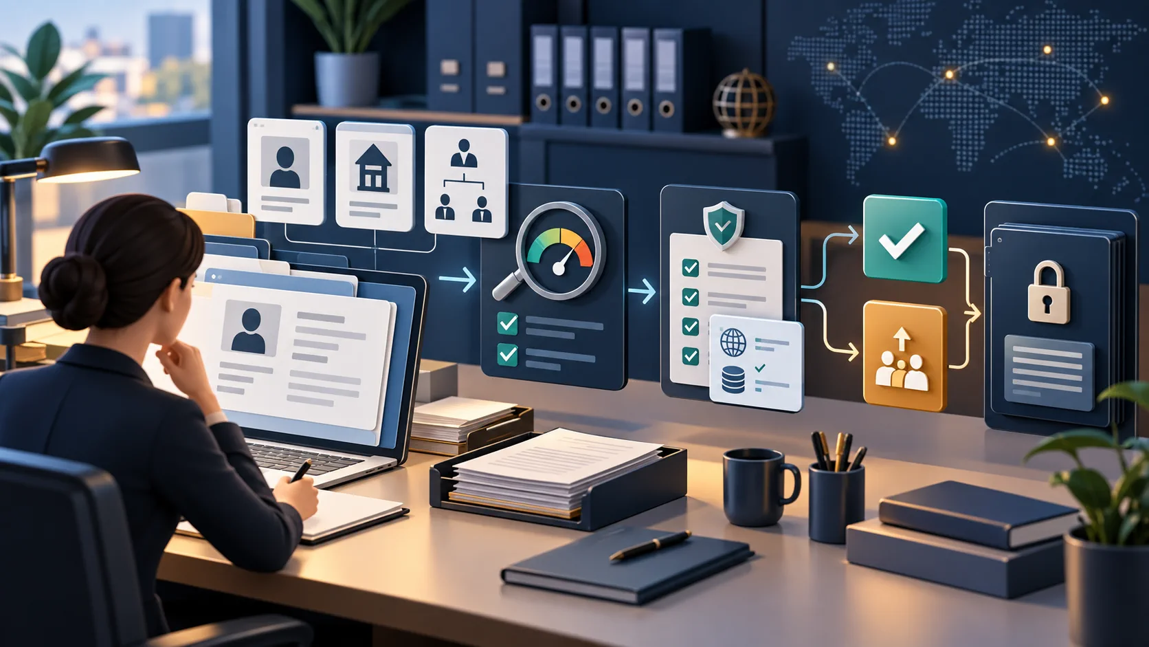 Editorial illustration of enhanced due diligence with identity, ownership, risk review and escalation controls