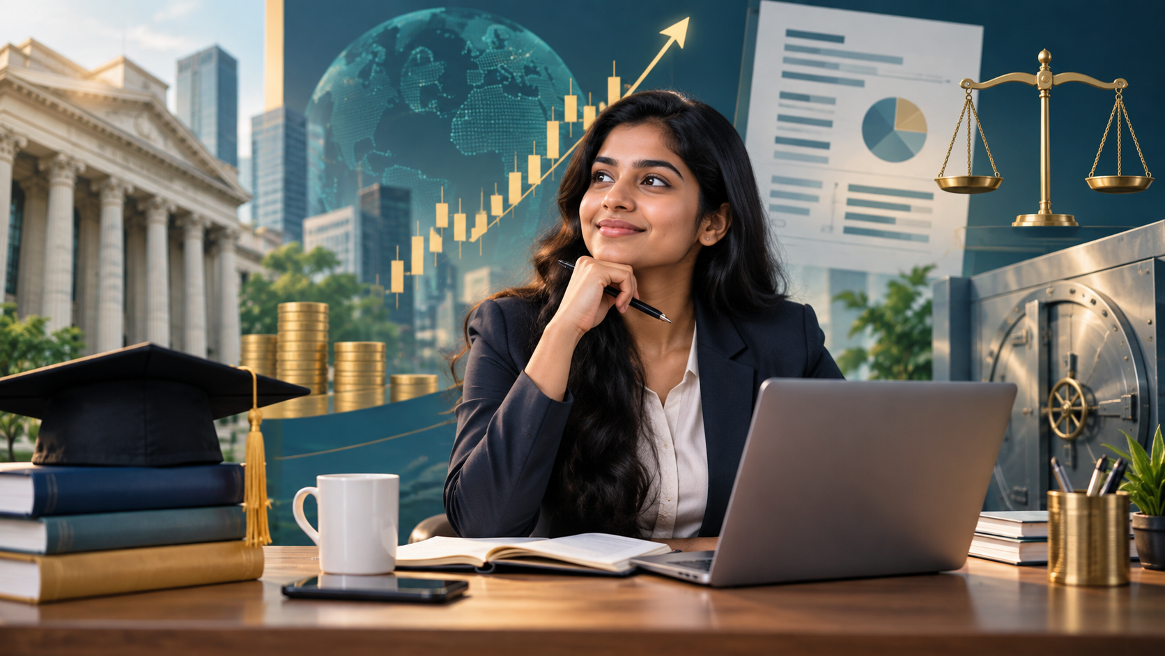 Editorial illustration of a graduate preparing for a finance interview with accounting and banking concepts