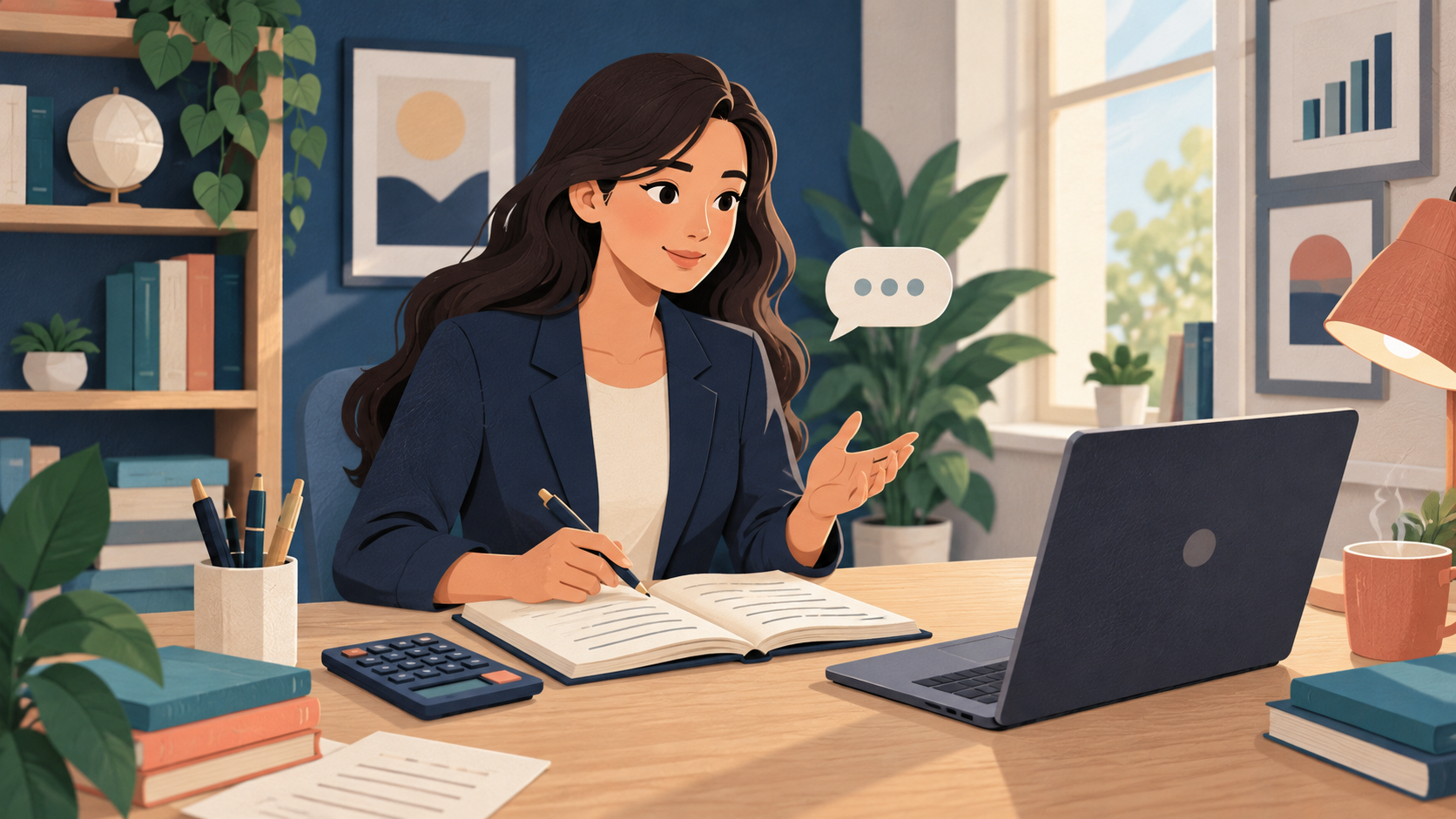 Illustration of a graduate preparing for a finance interview with a notebook, laptop and practice prompt.