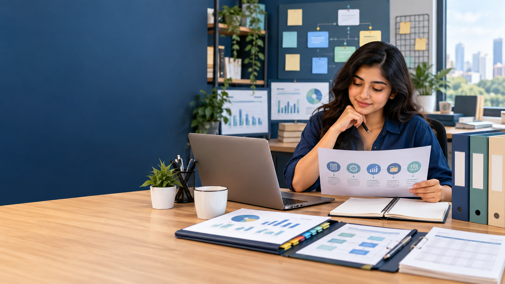 Finance fresher reviewing fictional operations portfolio projects and workflow spreadsheets