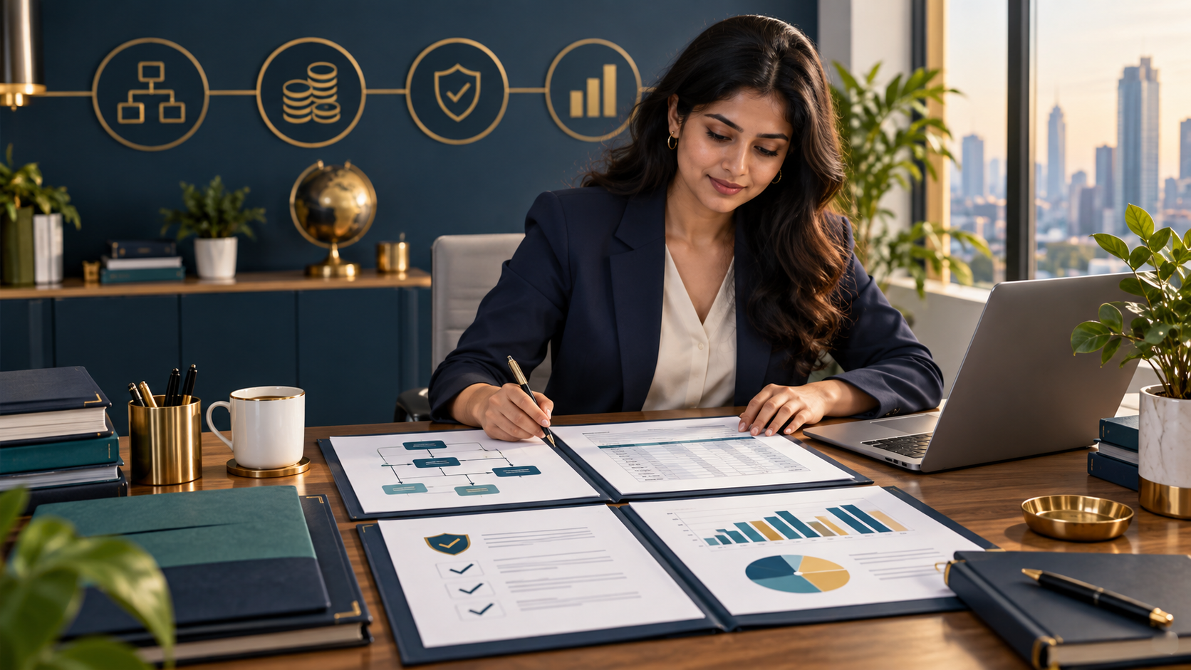 Editorial illustration of a finance candidate organizing resume skills and operations projects