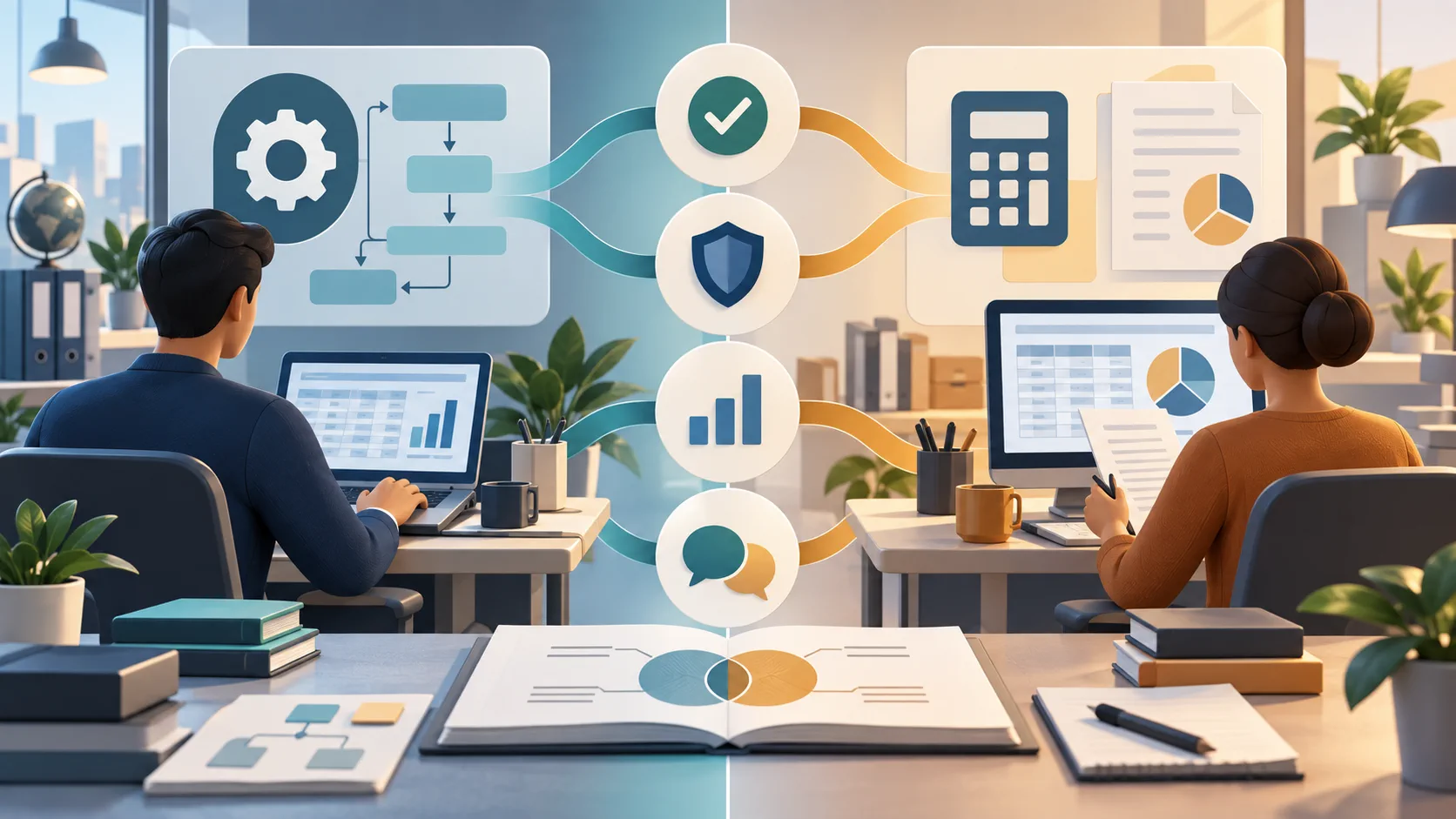 Editorial career comparison showing finance operations and accounting roles connected by shared control skills