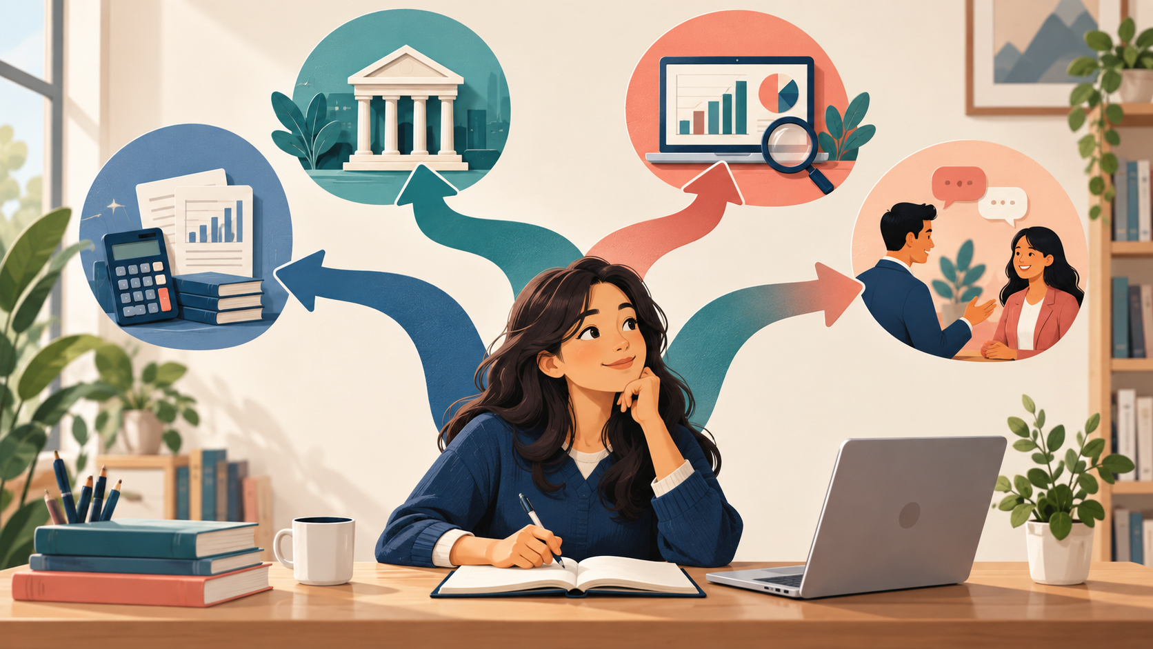 Illustration of financial accounting work moving from records and calculations through review to financial statements.