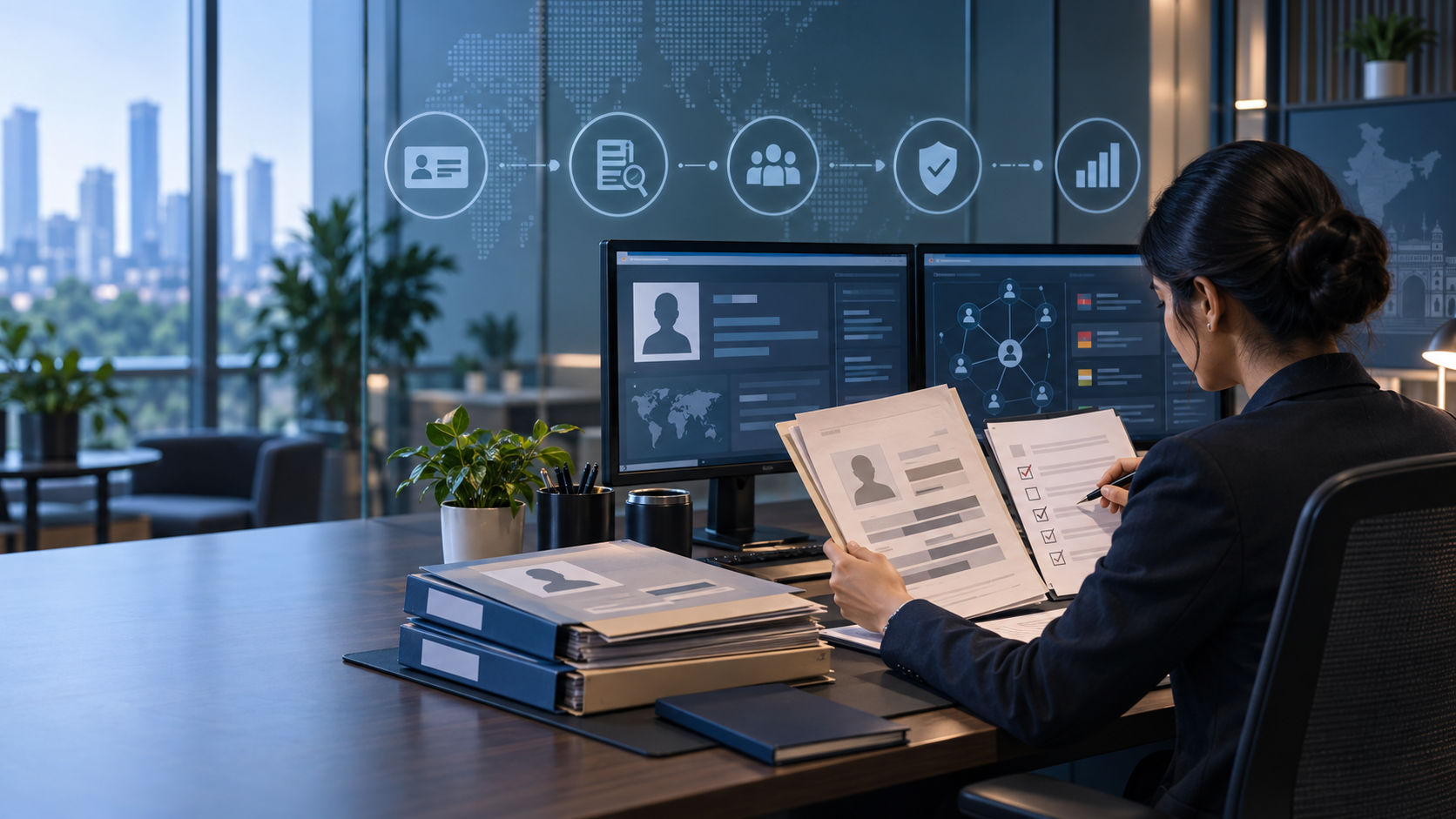 Financial crime analyst reviewing fictional KYC documents and an AML risk workflow