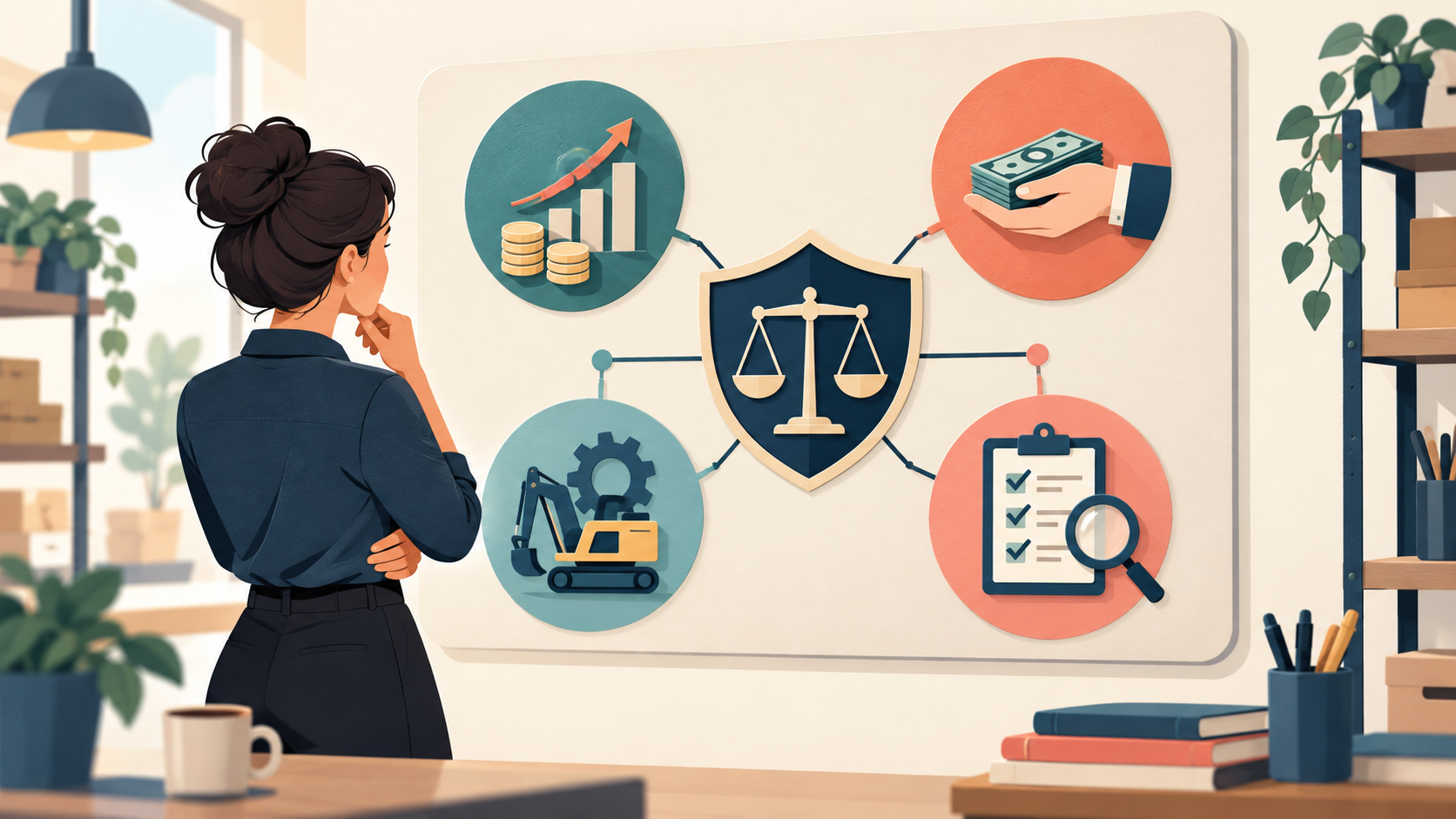 Illustration of a business owner reviewing investment choices, cash resources and financial controls.