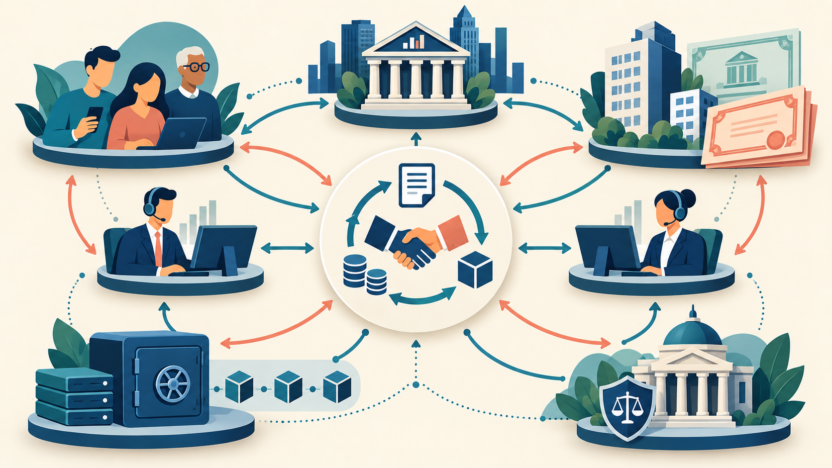 Illustration mapping investors, companies, exchanges, brokers, custody and regulators around a financial trade.