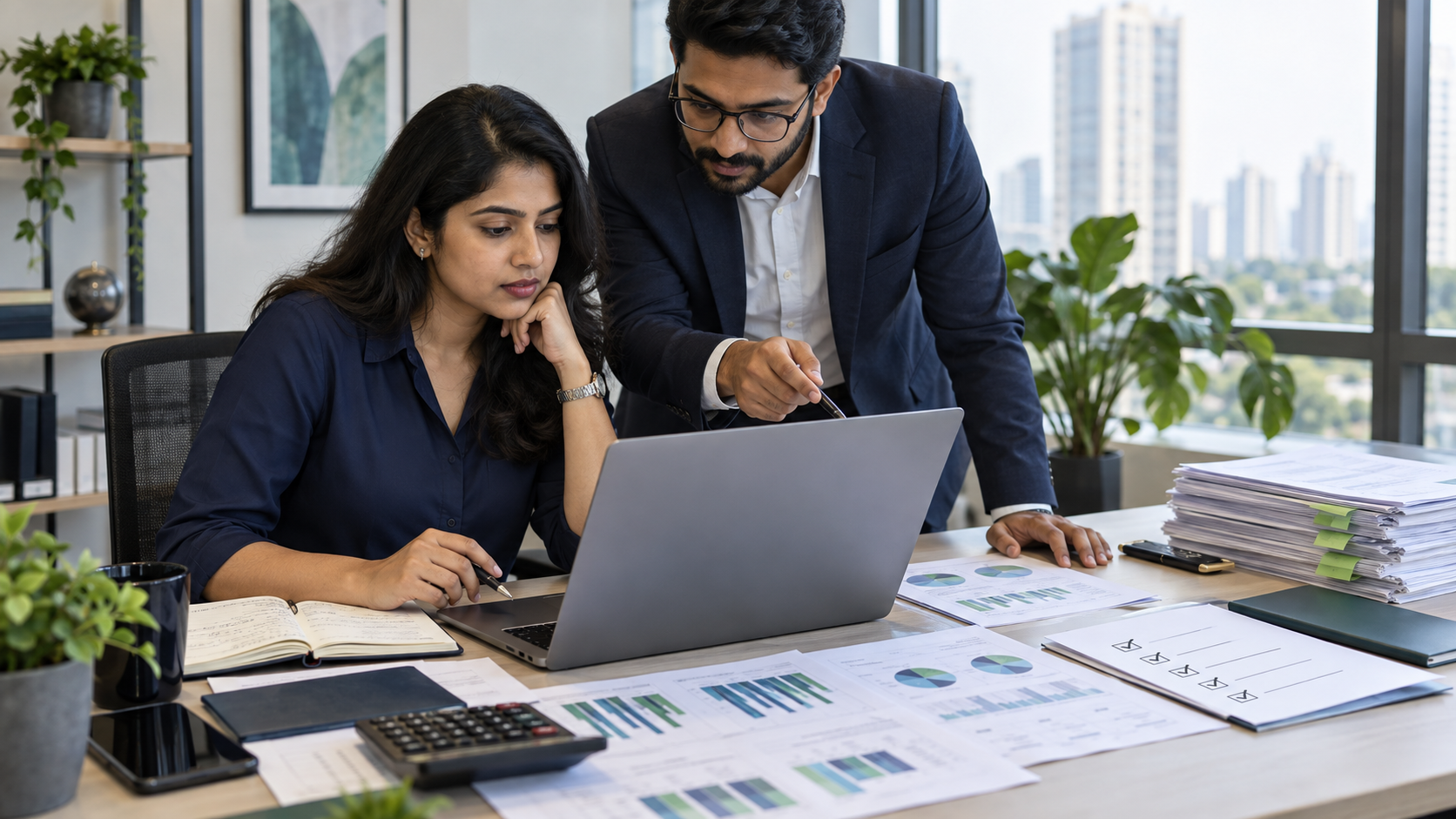 Finance analyst and reviewer checking a fictional month-end close and reporting pack