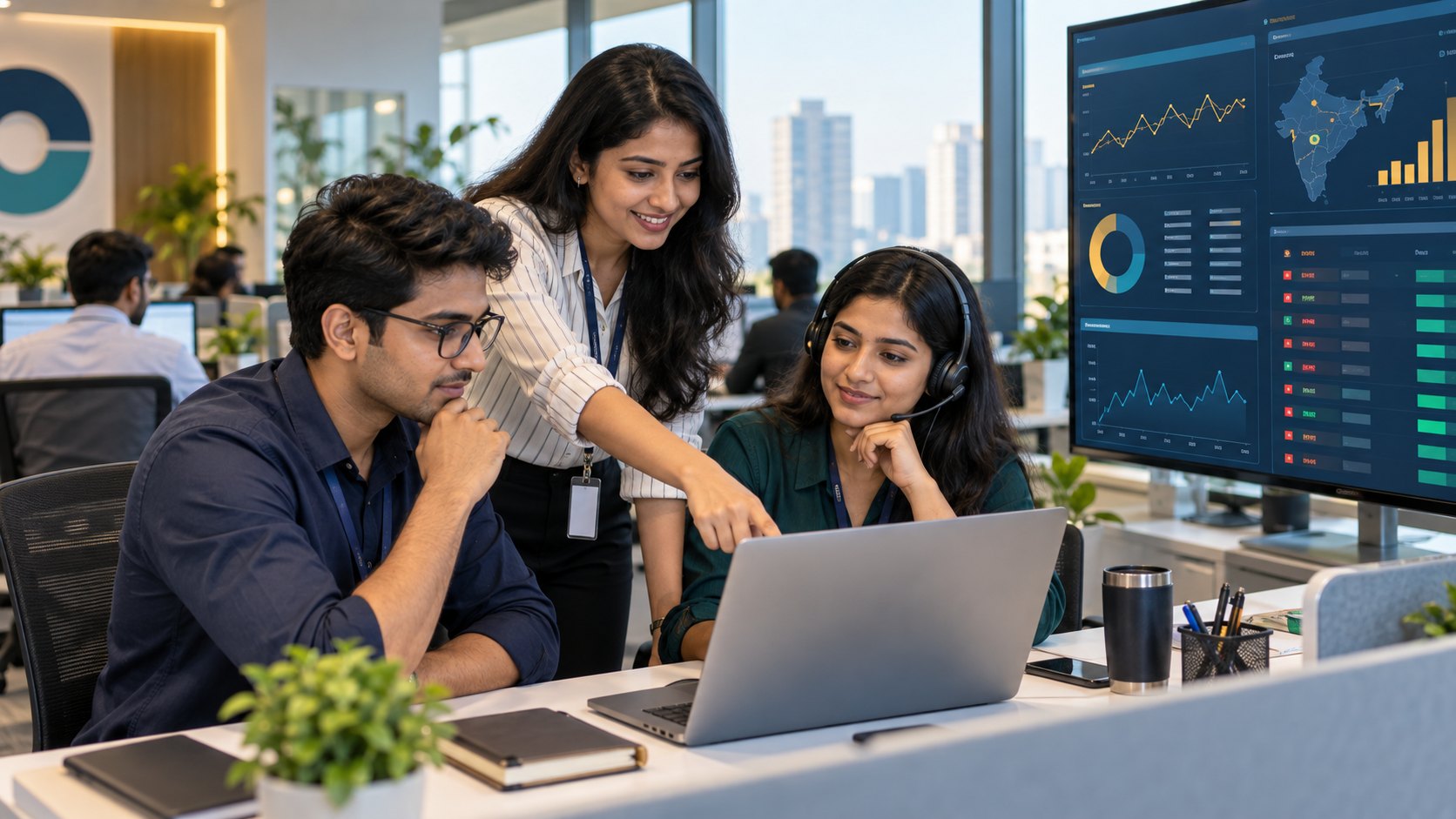 Young Indian professionals collaborating on FinTech operations workflows and data dashboards