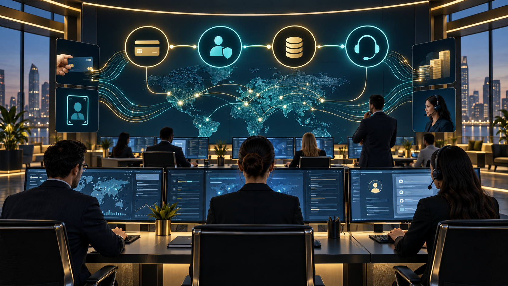 Editorial illustration of a fintech operations control room connecting payments and workflows