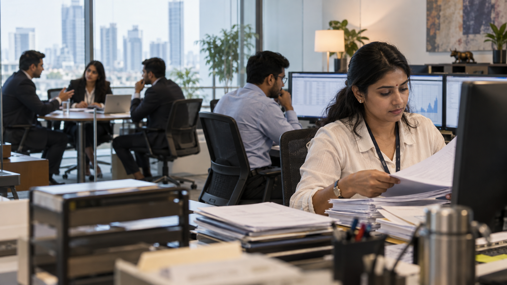 Three collaborative investment banking work areas representing client, control and operations functions