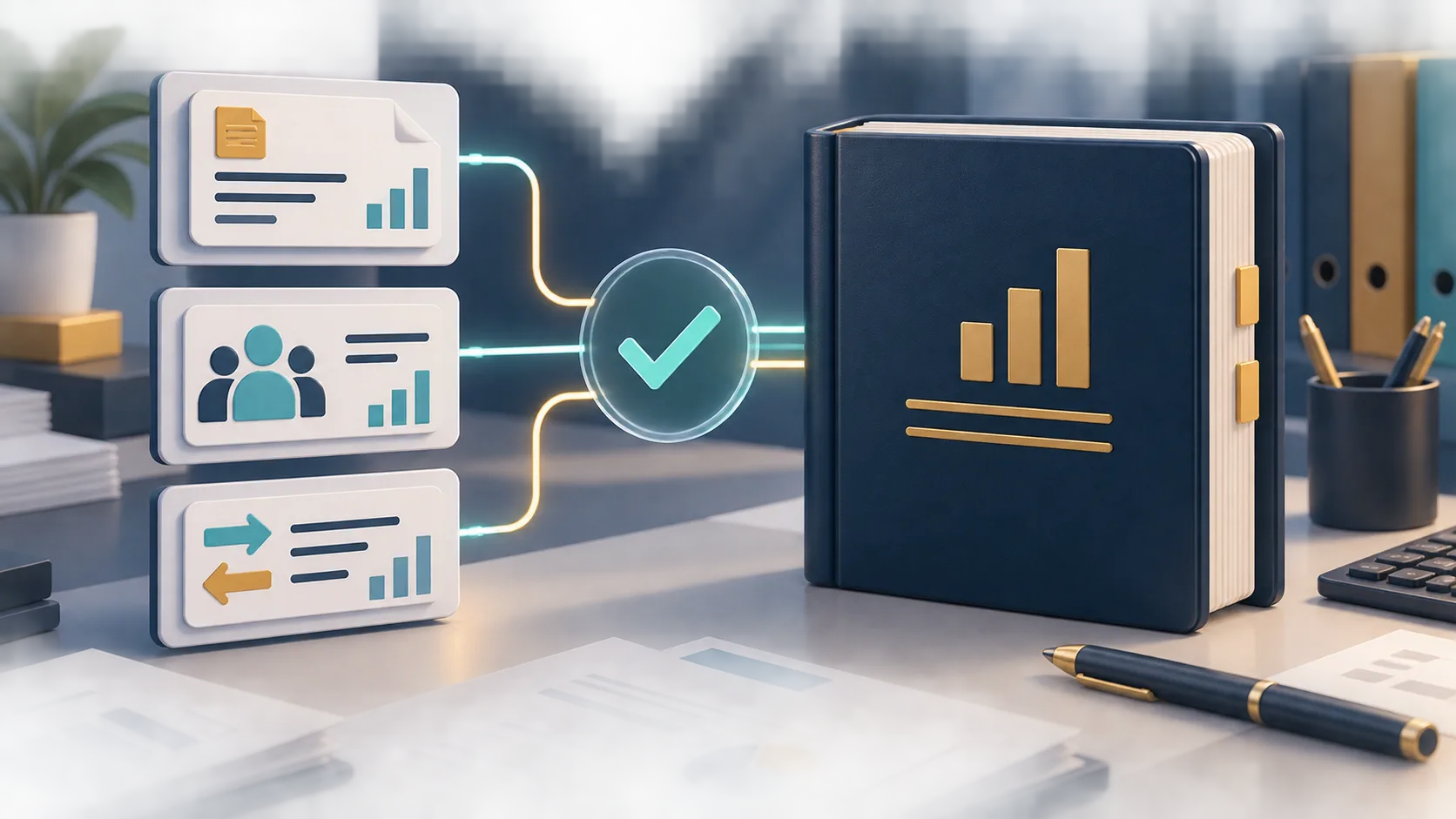 Editorial illustration comparing a general ledger with connected subledgers and reconciliation controls