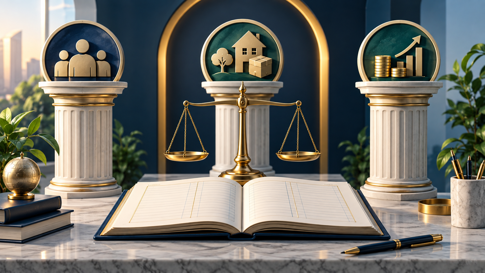 Editorial illustration of the three accounting rules represented by a balanced ledger