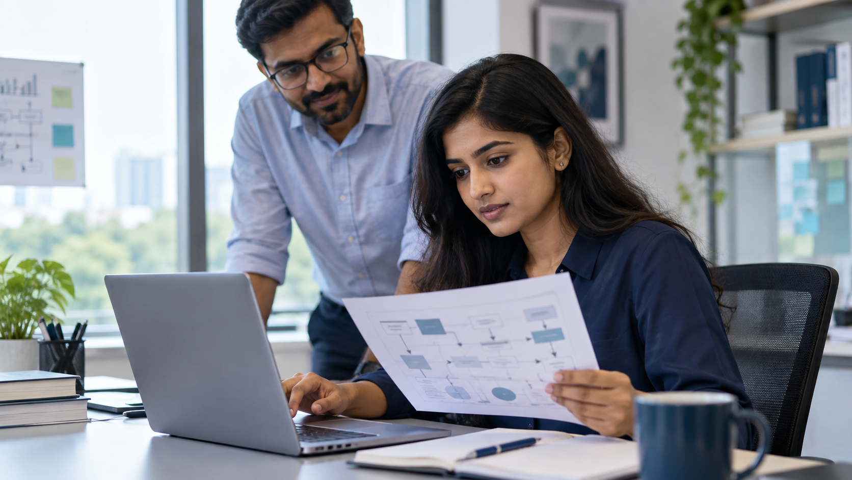 Graduate learning a fictional securities operations workflow with a mentor in a modern office