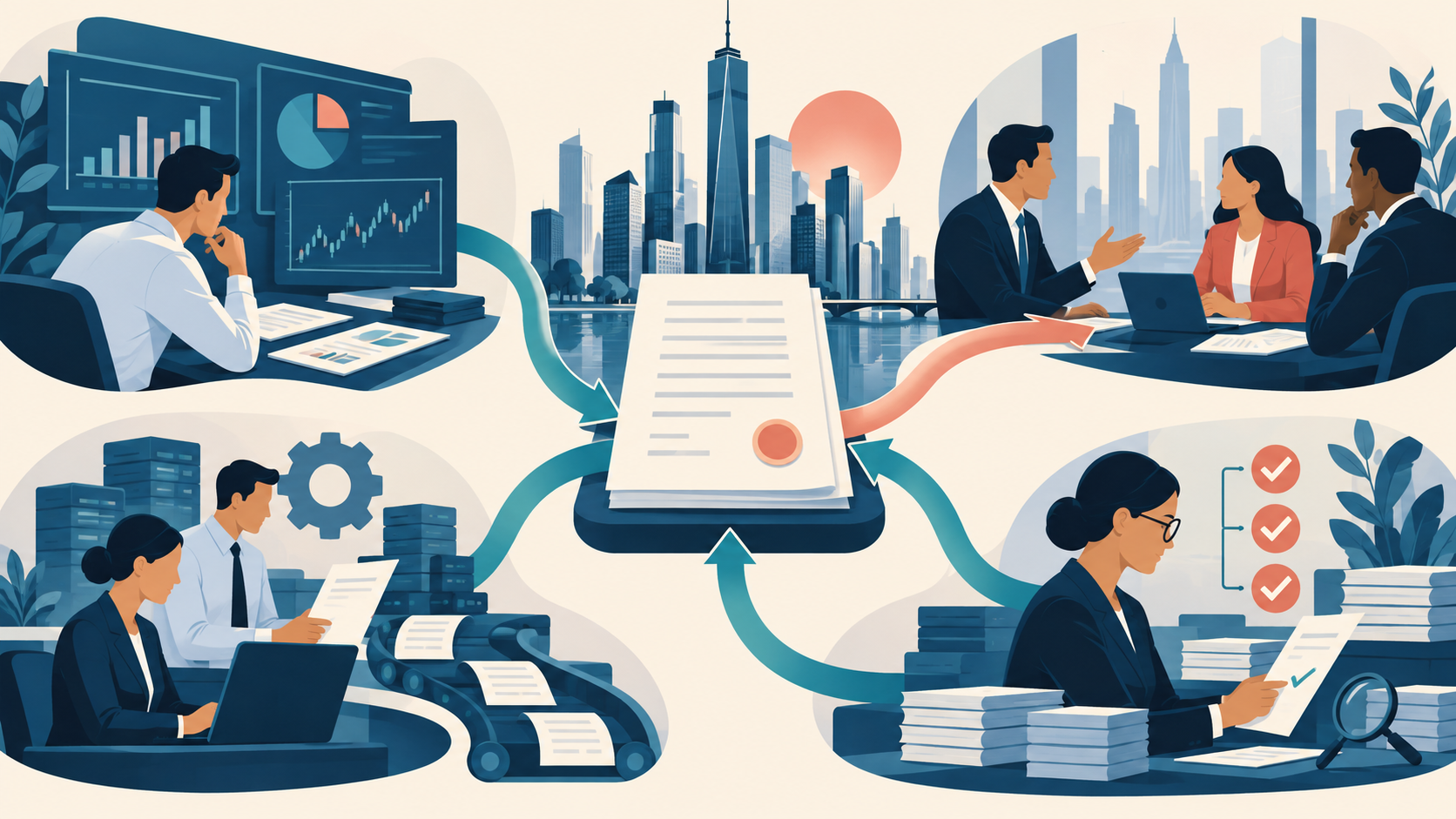Illustration connecting investment banking analysis, client work, transaction documents and operations checks.