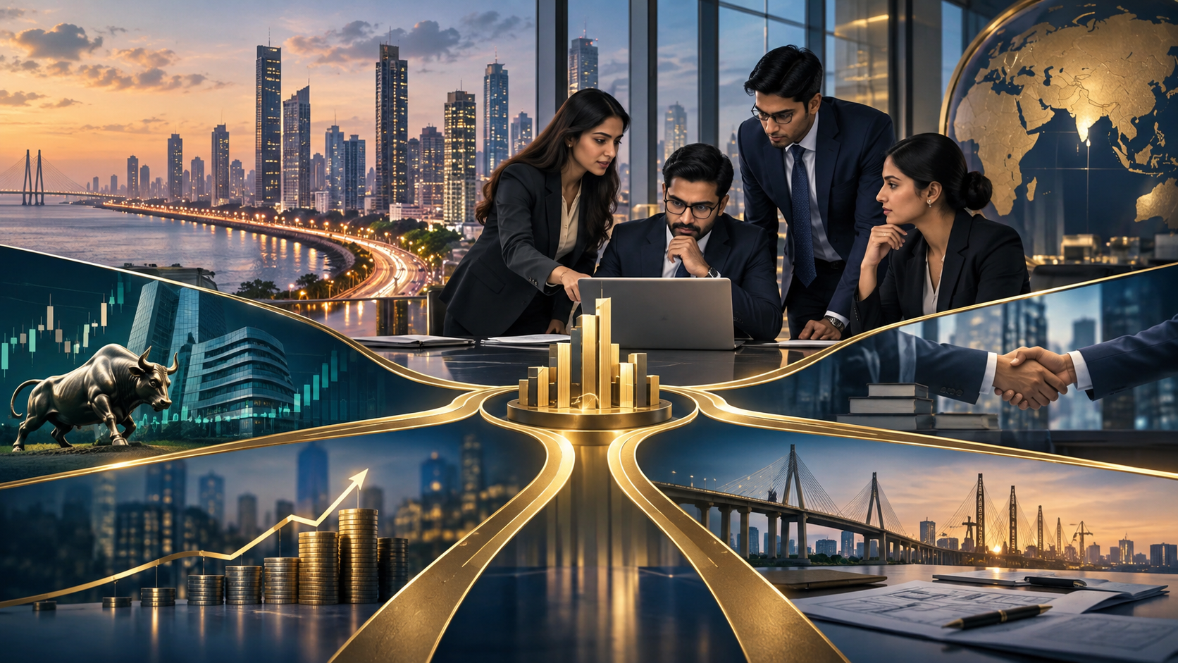 Editorial illustration of investment banking functions and roles in an Indian financial district