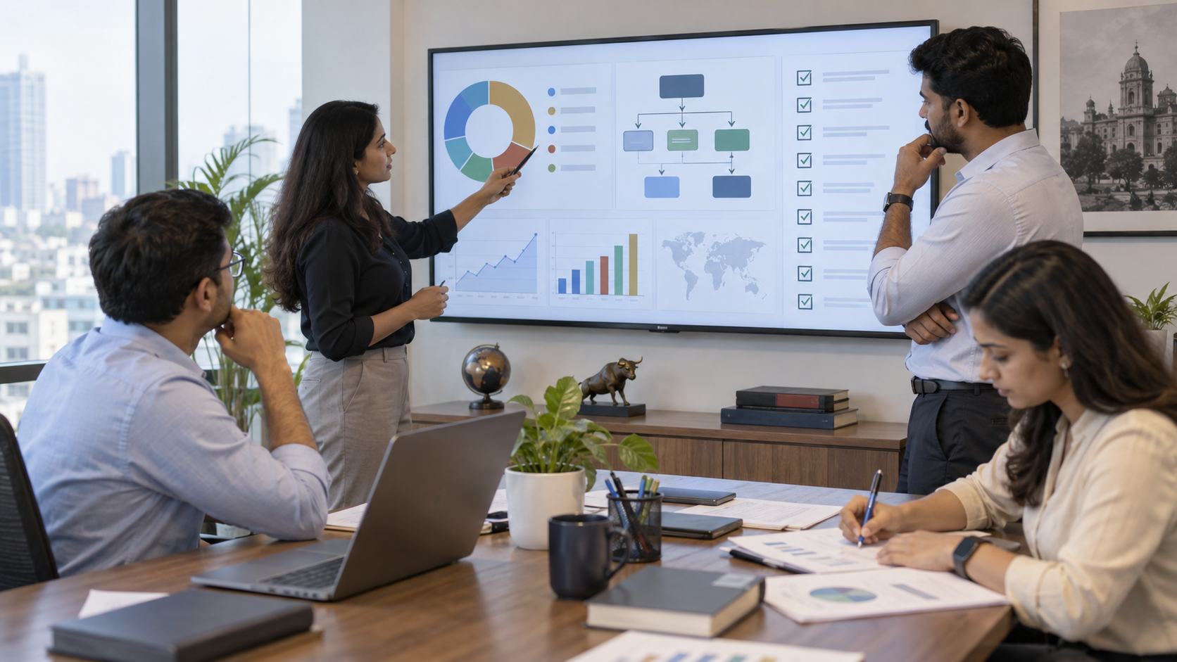 Investment operations professionals reviewing a fictional portfolio workflow and reconciliation checklist
