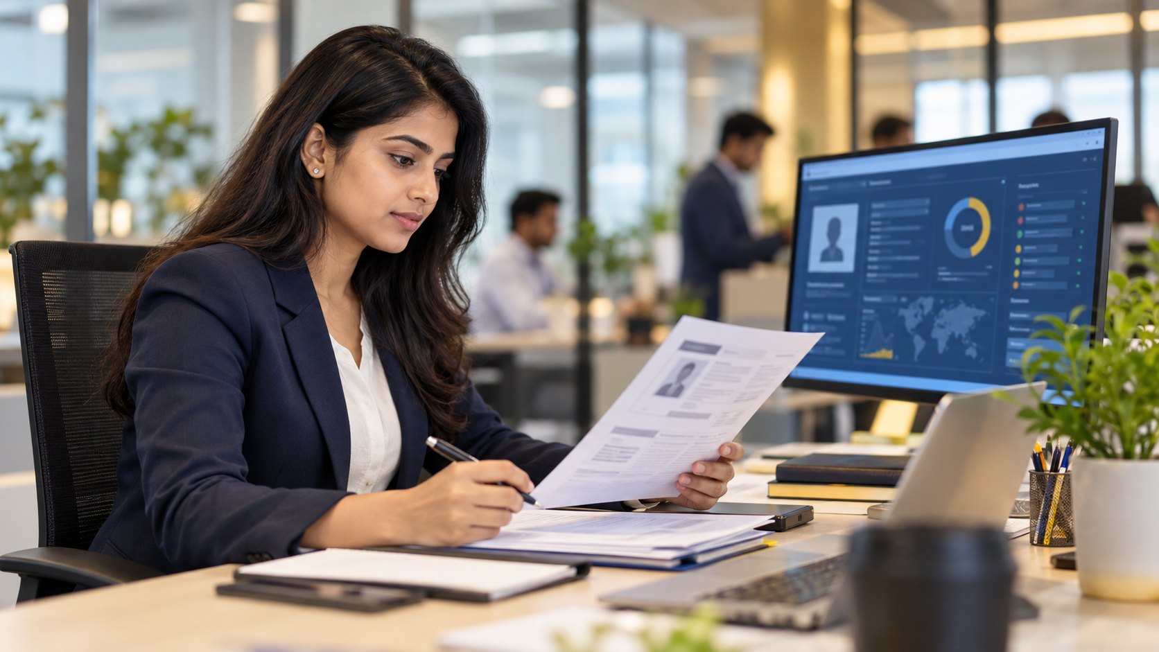Indian KYC and AML analyst reviewing customer due diligence documents and a risk dashboard