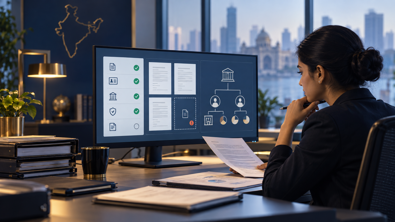 Compliance analyst reviewing a fictional entity onboarding file with a missing-document indicator and ownership diagram