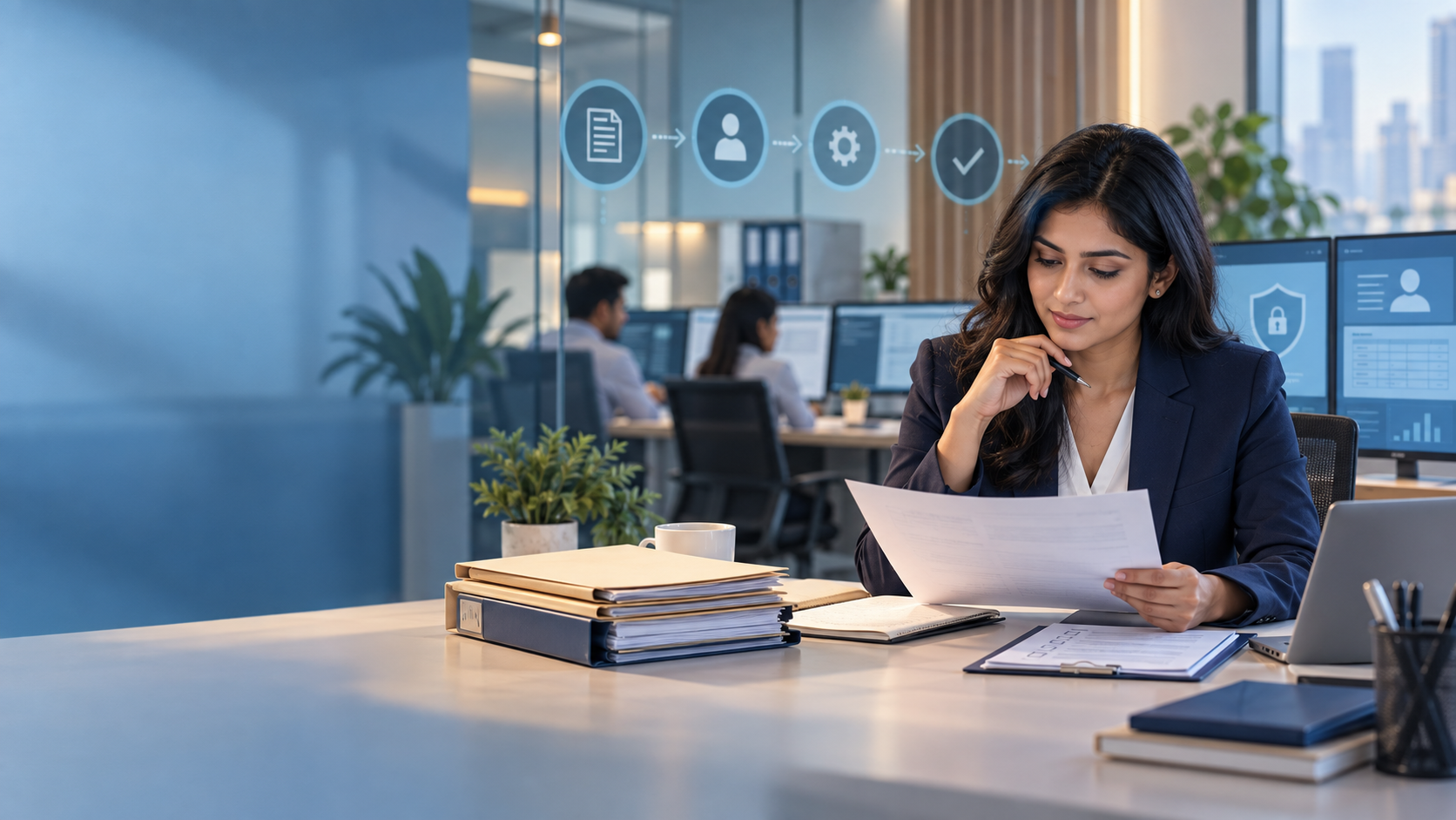 Loan operations analyst reviewing a lending workflow and document checklist