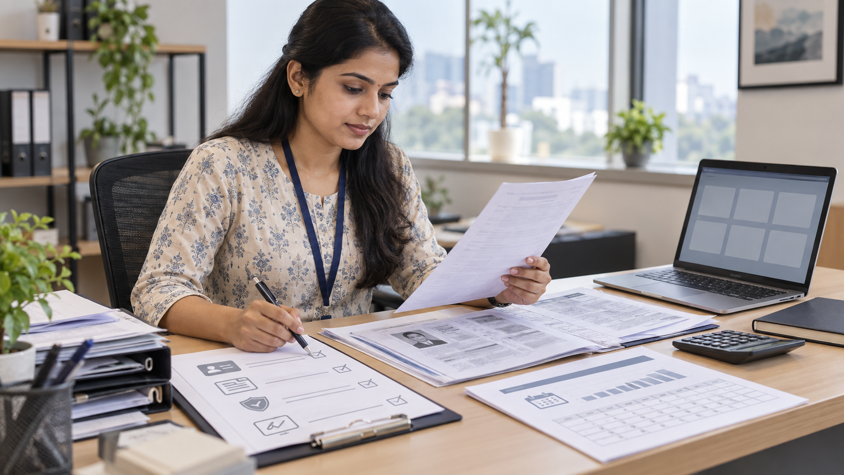 Loan operations associate reviewing a fictional application file and verification checklist