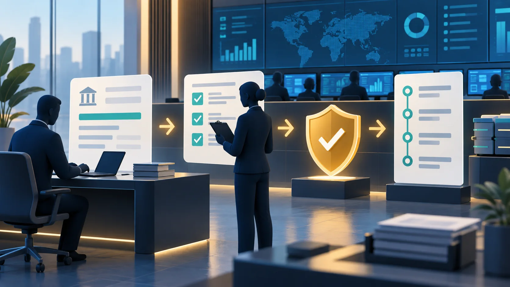 Editorial illustration showing preparation, independent review, approval and audit evidence in banking operations